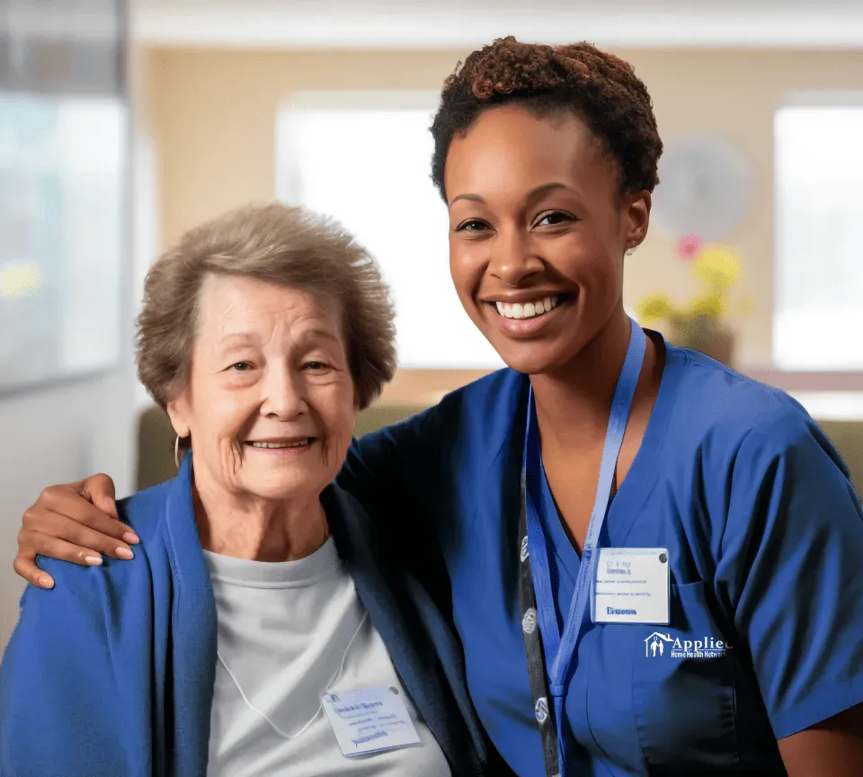 A caring nurse interacts with an elderly woman in a nursing home, highlighting the importance of support and companionship